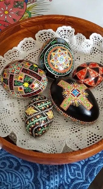 A bowl of hand-decorated pysanky eggs