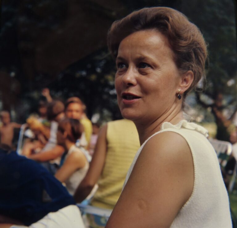 A woman mid-conversation at a crowded picnic